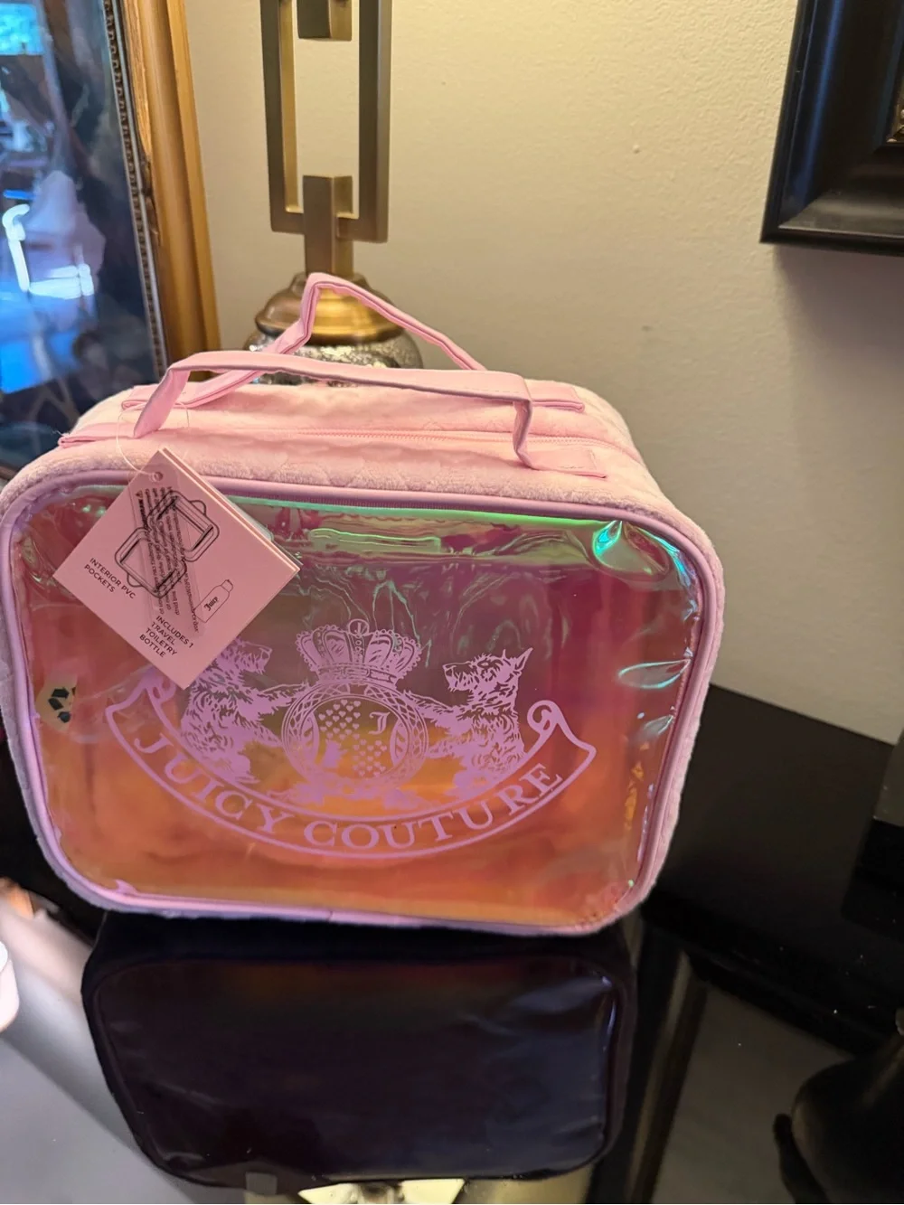 NWT Juicy Couture Iridescent Pink Cosmetic Train Case Scottie Dogs